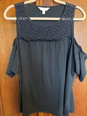 LC Lauren Conrad Navy Crochet Yoke Cold-Shoulder Tunic